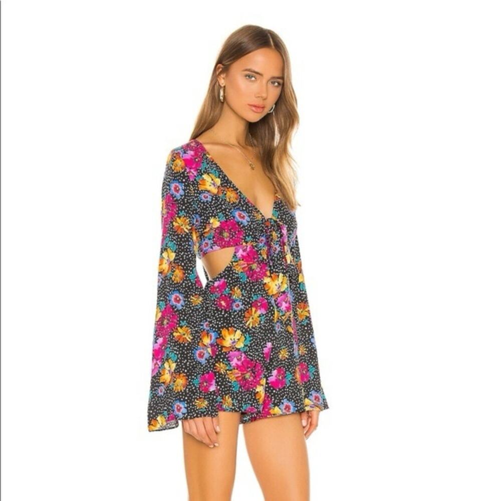 Majorelle Sunset Romper Floral Print Dotted Tie Front Bell Sleeve Side Cut Outs